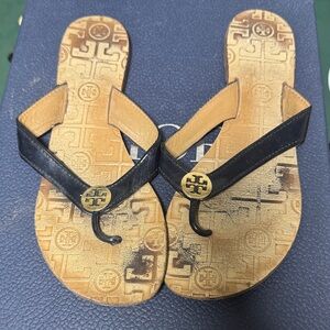 Tory Burch Black and Brown Thong Sandals